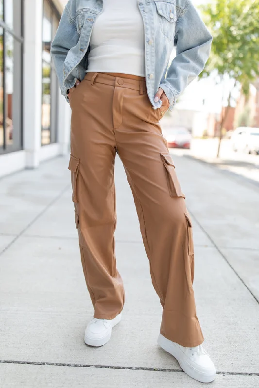 Trendy Street Style Attire Follow My Lead Camel Faux Leather Cargo Pants FINAL SALE