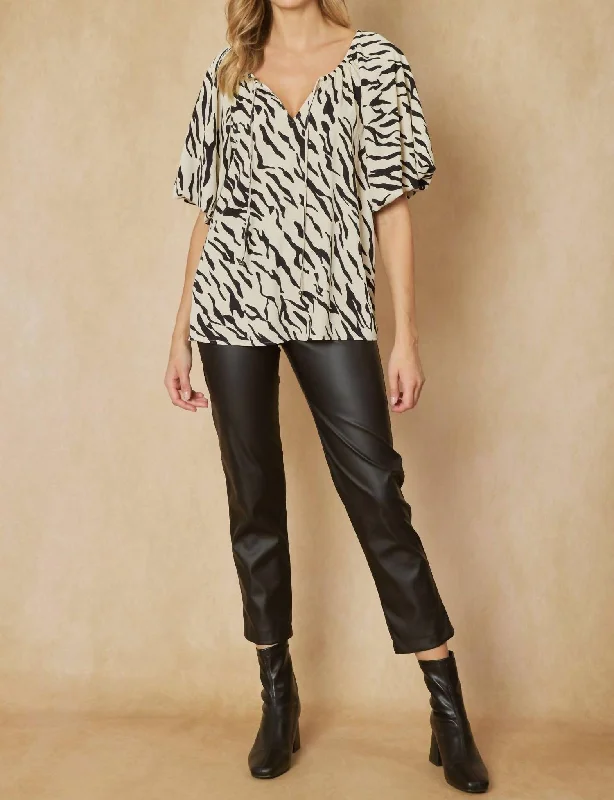 Elegant Styles Puff Sleeve Top In Zebra Print