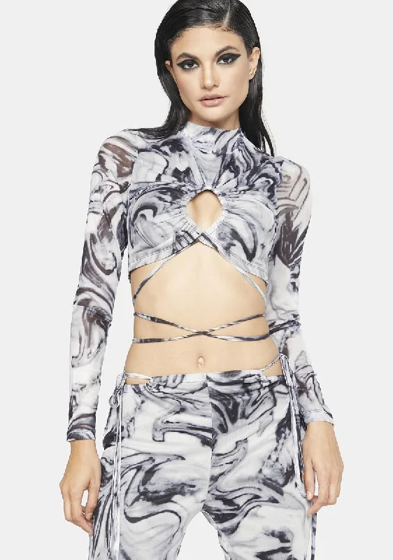 Clothes Of Woman Mesh Swirl Print Keyhole Top