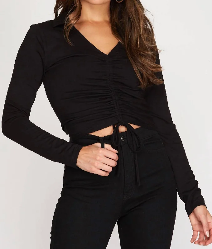 Casual Fashion Collared Drawstring Front Top In Black