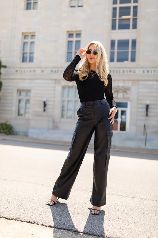 Season Appropriate Women's Collection Follow My Lead Black Faux Leather Cargo Pants FINAL SALE