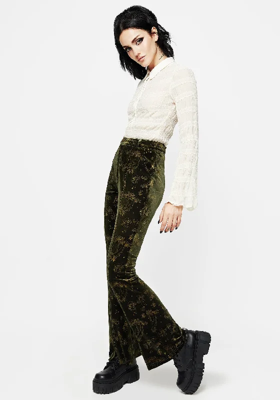 Sophisticated Fashion Faefire Foil Print Velour Split Slim Flare Trousers - Green