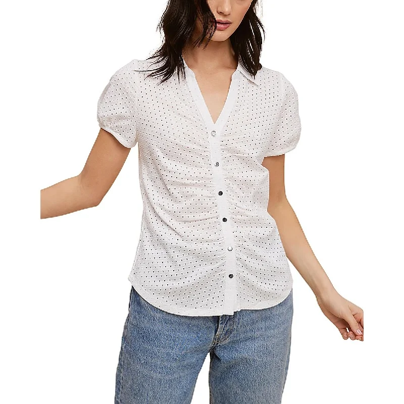 Fashion-forward Women's Wear Womens Eyelet Puff Sleeve Button-Down Top