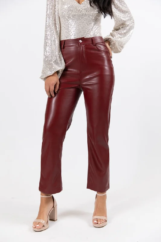 Effortless Chic for Women Memorable Nights Burgundy Wide Leg Faux Leather Pants