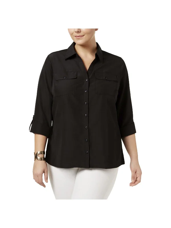 Big Savings Plus Womens Collared Office Wear Button-Down Top