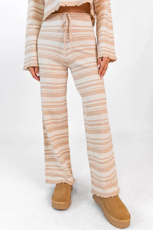 Redefining Women's Fashion Take You There Taupe Striped Lettuce Hem Lounge Pants FINAL SALE