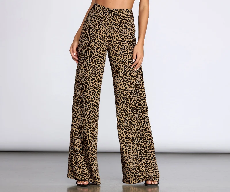 Modern Casual Clothing Leopard Print Wide Leg Dress Pants