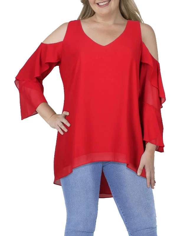 Trend Forward Threads Plus Womens V-Neck Cascade Ruffle Cold Shoulder