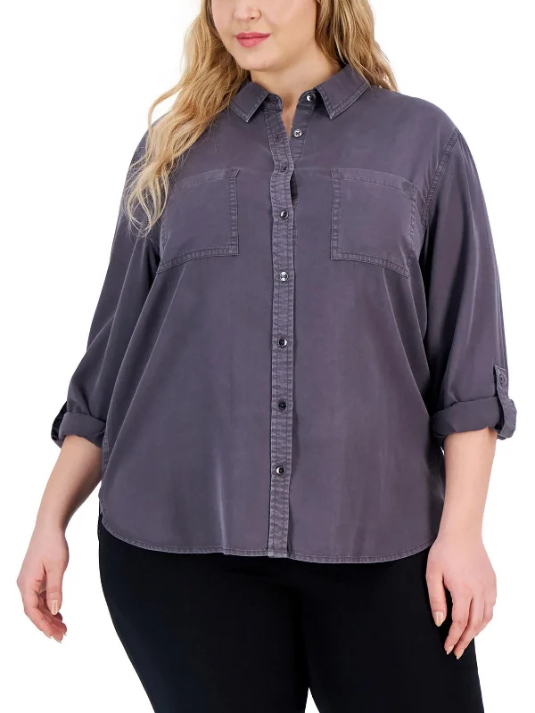 All Season Fashion Collection Plus Womens Tencel Collared Button-Down Top