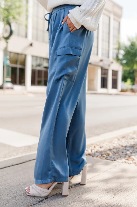 Trend Forward Women's Wear Cool Touch Blue Satin Cargo Pull On Pants FINAL SALE