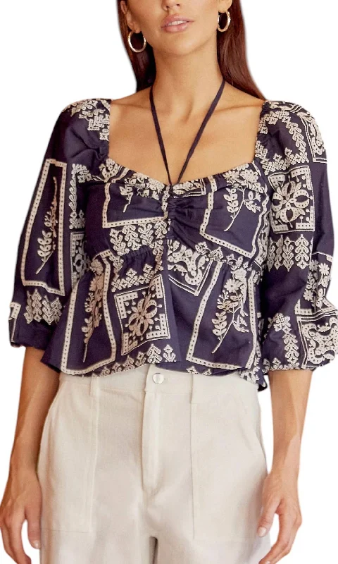 Bold Fashion Rheena Embroidered Top In Navy