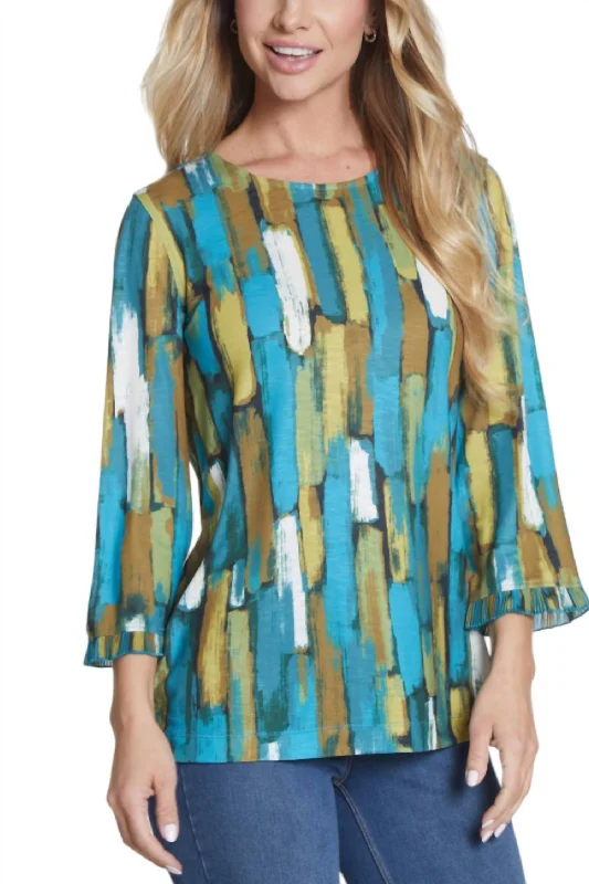 Timeless Classics Pleated Flounce Sleeve Top In Multi