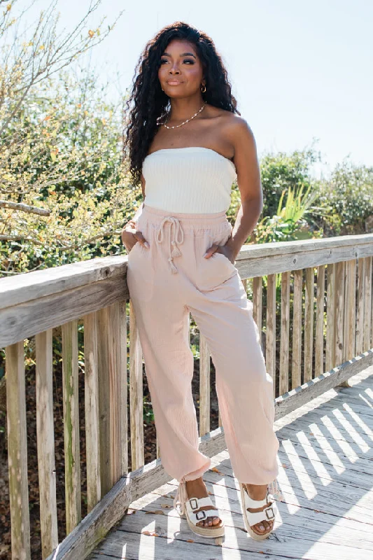 Versatile Style Wardrobe Under Clear Skies Beige Gauze Drawstring Hem Beach Pants