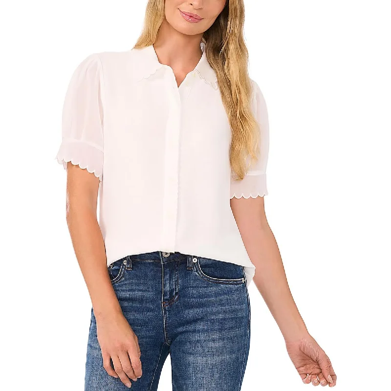 Latest Fashion for Women Womens Scalloped Trim Puff Sleeve Button-Down Top