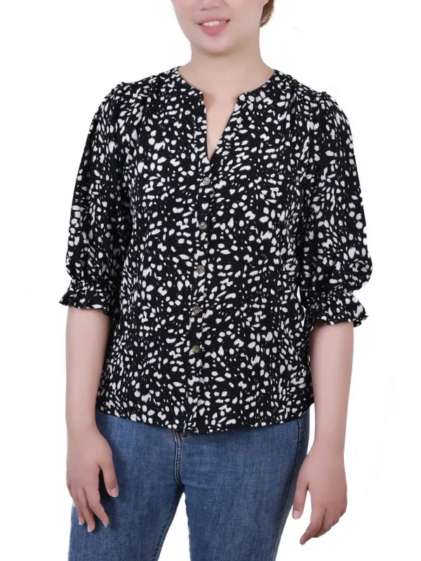 Style Streetwear Petites Womens Split Neck Floral Print Button-Down Top