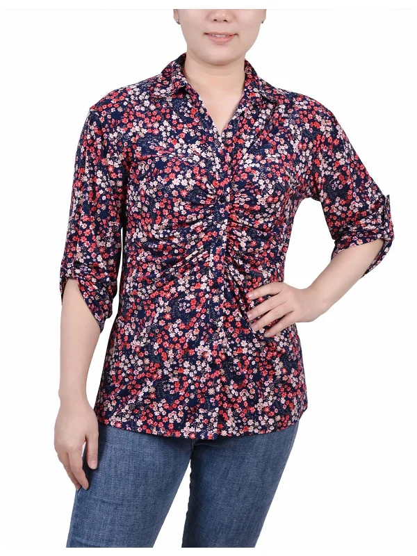 Stay Ahead In Style Petites Womens Floral Print Button-Down Top