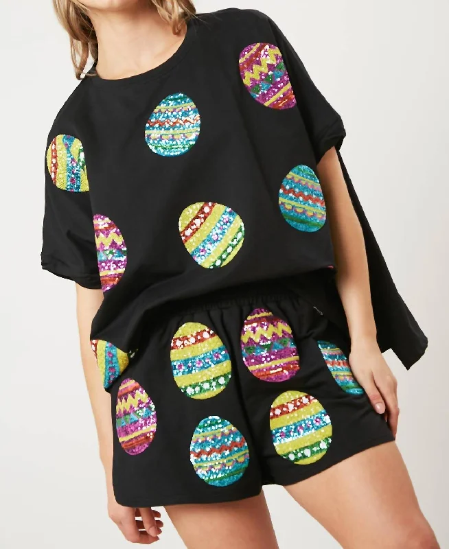 Plus Size Women's Fashion Sequin Easter Egg Top In Black