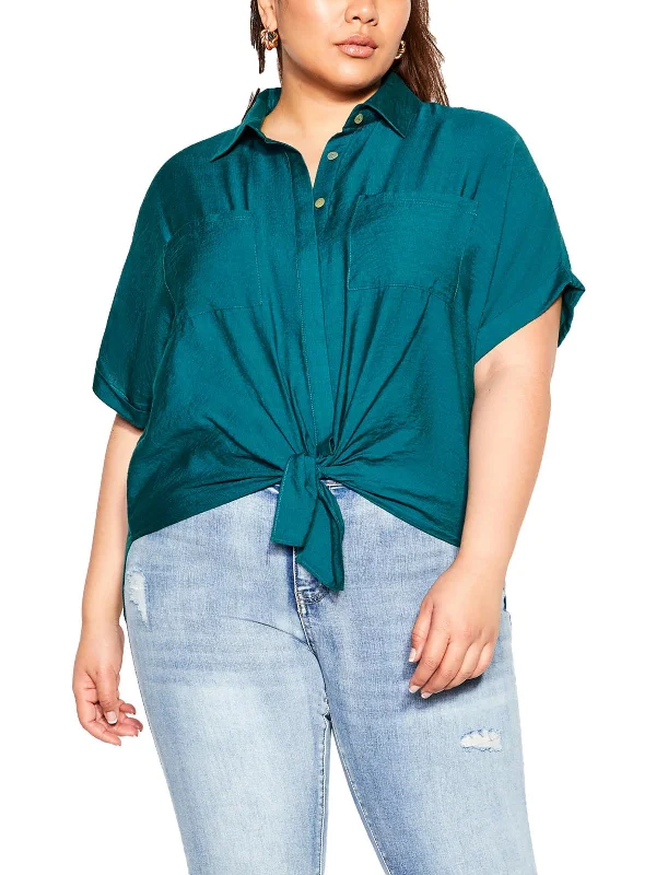 Exclusive Sale Plus Womens Collared Front Tie Button-Down Top