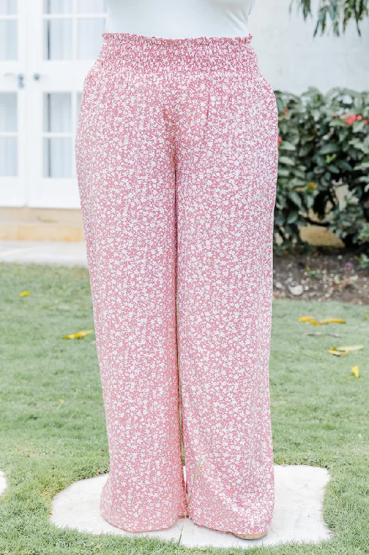 Elegant Women's Clothing Online Awhile Longer Pink Smocked Waist Floral Pants FINAL SALE