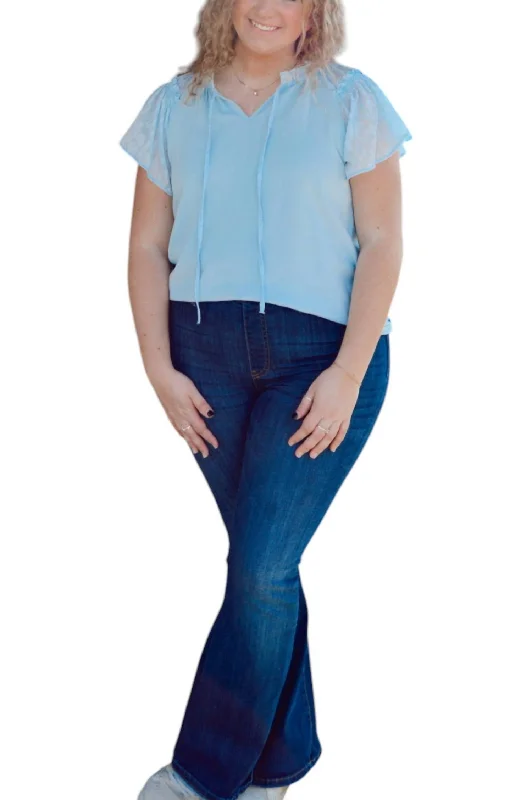 New Arrival Discounts Linen Animal Jacquard Raglan Sleeve Top With Front Tie In Light Blue