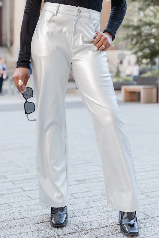 Special Offer For You Share Your Thoughts Silver Metallic Straight Leg Pants FINAL SALE