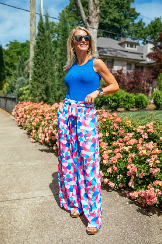 Catch Every Fashion Trend Fashionably Late Geometric Blue And Pink Belted Pants Kalee Rogers X Pink Lily