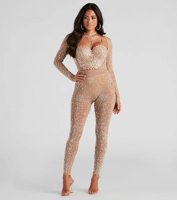 Chic Wardrobe Iridescent Stunner Rhinestone-Embellished Sheer Catsuit