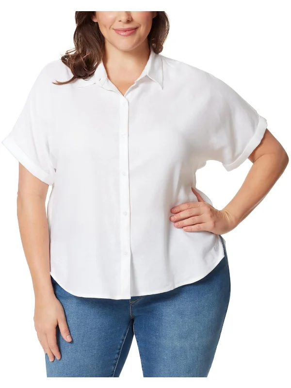 Trend Setting Wardrobe Plus Womens Collared Cuff Sleeves Button-Down Top