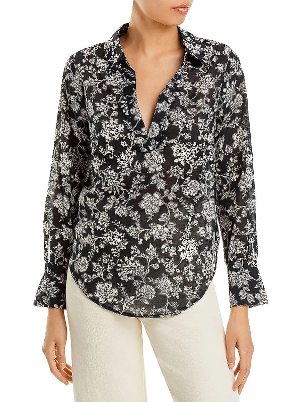 Hot Trends Womens Floral Print Split Neck Button-Down Top