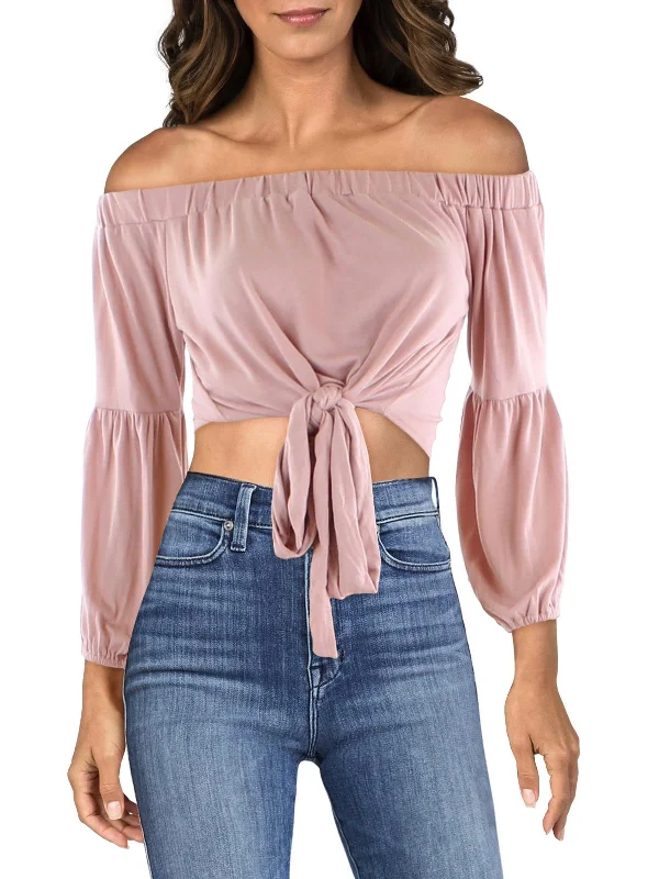 Casual Chic Womens Three Quarter Sleeves Front Tie Off the Shoulder