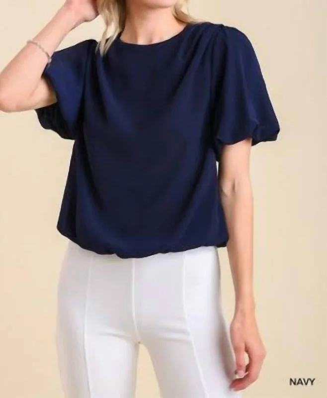 Fashion Essentials Pleated Bubble Sleeve Top In Navy