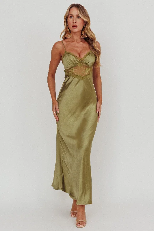 Redefining Women's Fashion Her theory Lace Trim Maxi Dress Olive