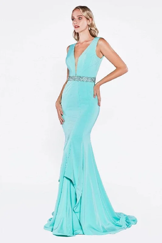 Sale For Women Ladivine P107 - Deep V-Neck Beaded Accents Evening Gown