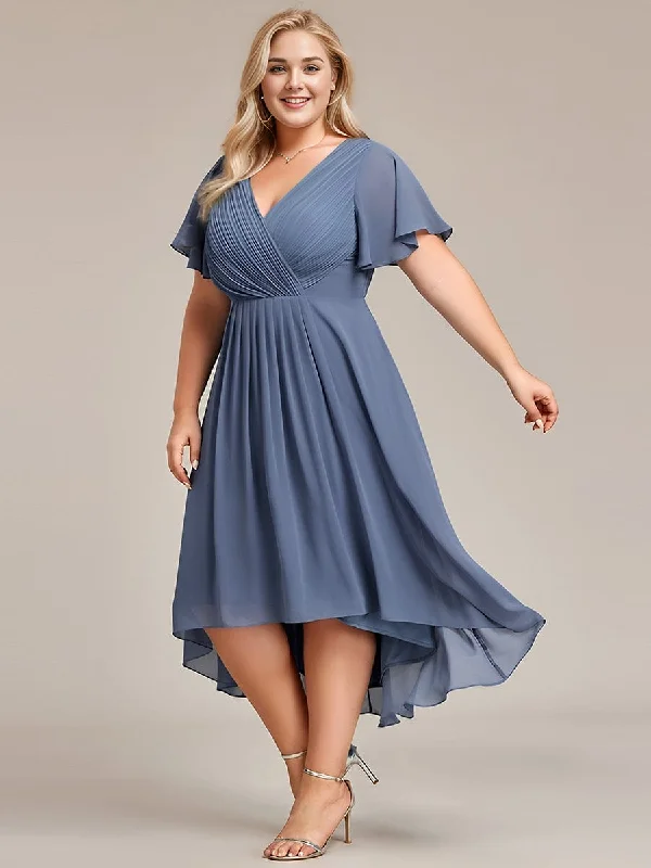 Massive Savings Plus Size Double V-Neck Ruffles Sleeve Chiffon Midi Wedding Guest Dress