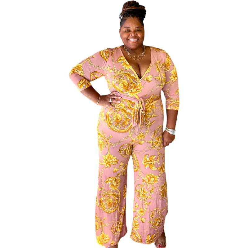 Flash Discount Women's Plus Size Gold Chain Faux Wrap Jumpsuit Dress