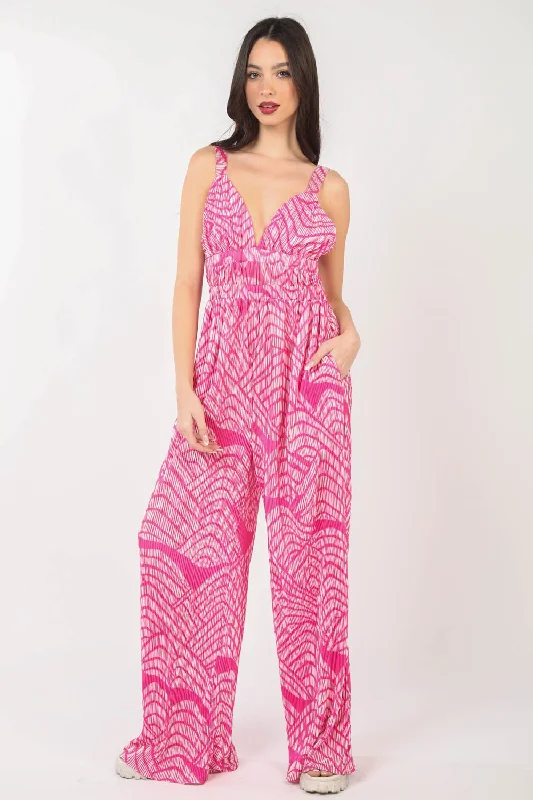 Unique Women's Fashion Pieces VERY J Printed Pleated Sleeveless Wide Leg Jumpsuit