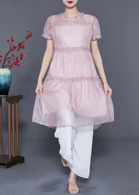 Trendy Boutique Online Cute Pink Ruffled Patchwork Silk A Line Dress Summer