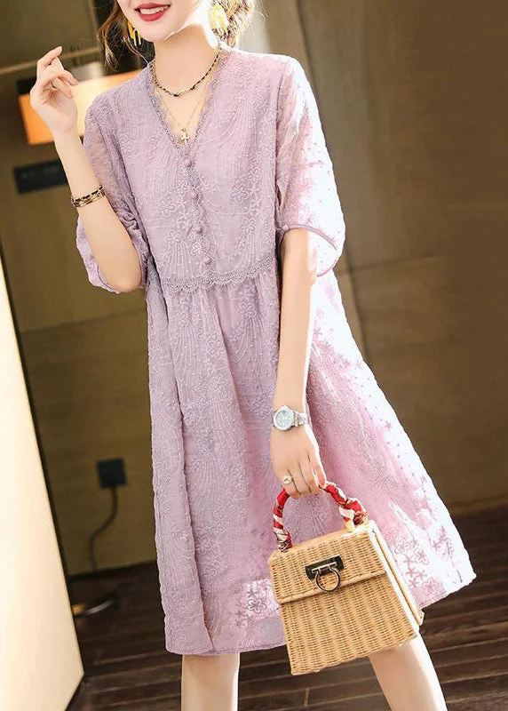 Flash Sales Handmade Light Purple V Neck Embroideried Lace Dresses Summer