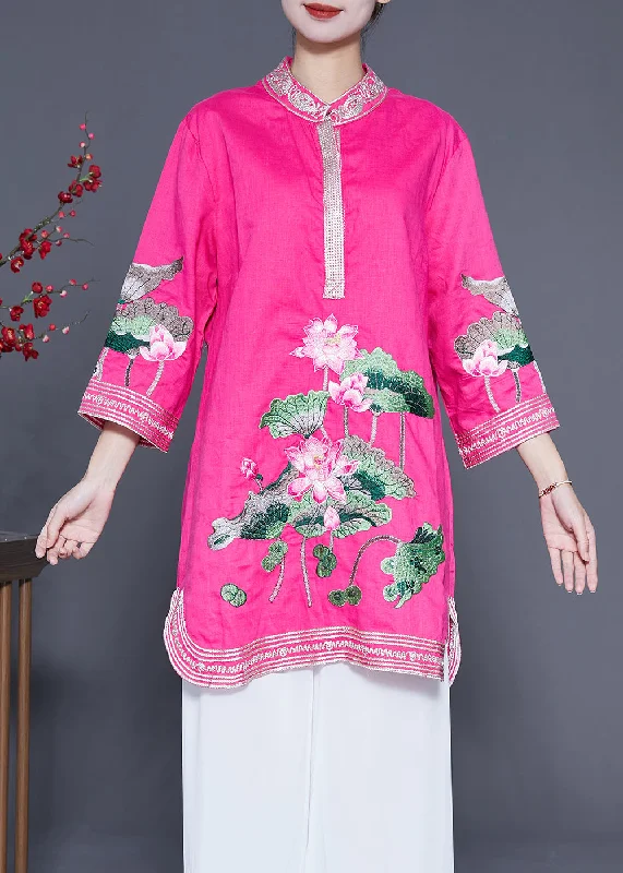 Versatile Women's Fashion Rose Linen Vacation Dress Stand Collar Lotus Embroideried Summer