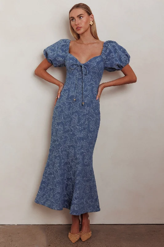 Effortless Chic for Women Feeling Electric Puff Sleeves Mermaid Maxi Dress Denim Blue