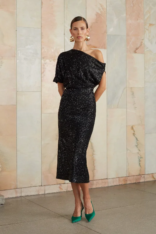 Clothing Sales MARGO black sequin asymmetric cocktail dress