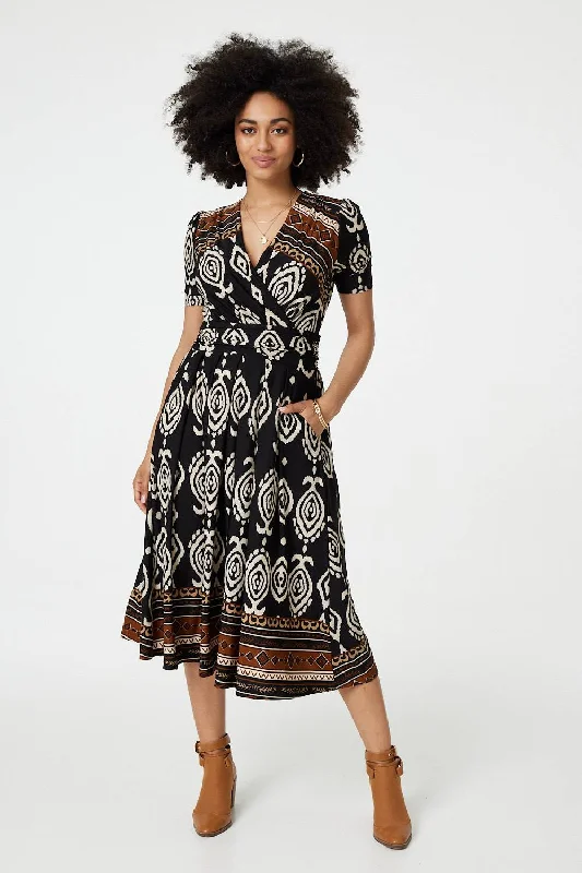 Forward Trendsetter Printed 1/2 Sleeve Pleated Wrap Dress