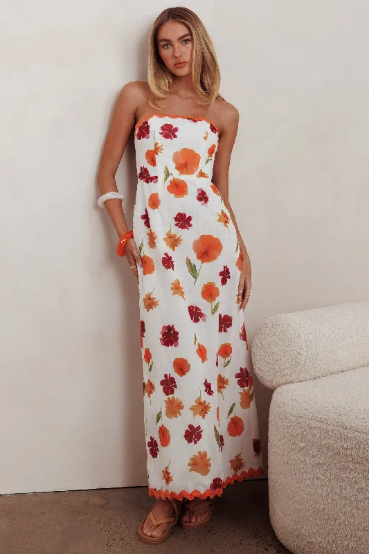 Crazy Price Slashing Cypress Ric Rac Trim Floral Strapless Maxi Dress Orange Multi