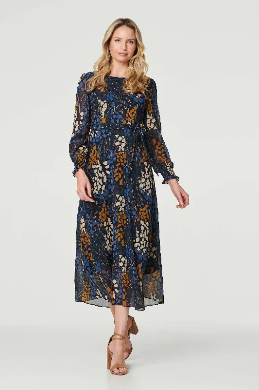 Chic Wardrobe Printed Long Puff Sleeve Midi Dress