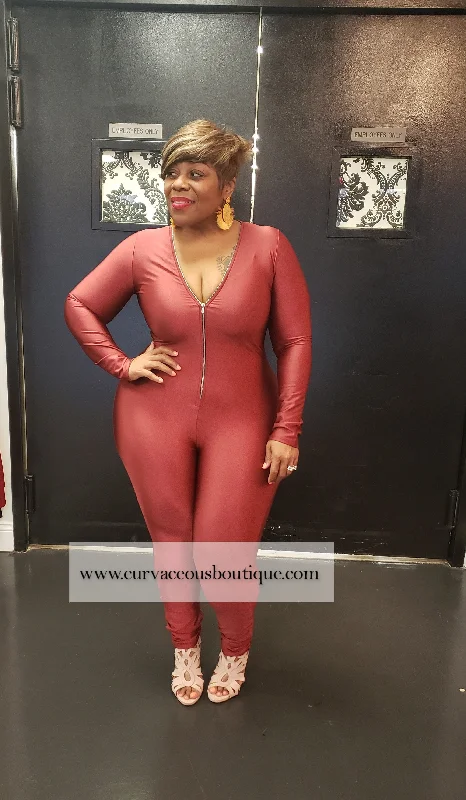 Wardrobe Essentials Burgundy Keyona Zipper Disco Catsuit