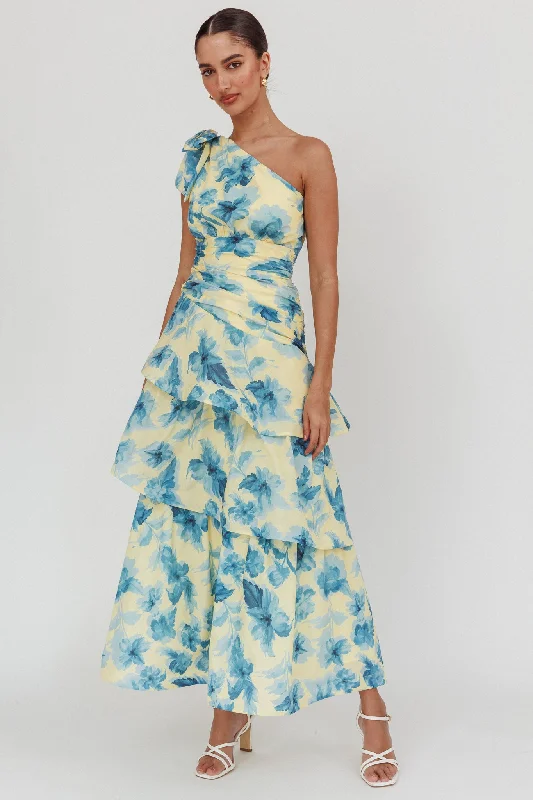 Limited Stock, Big Sale Kenny One Shoulder Tiered Floral Maxi Dress Yellow