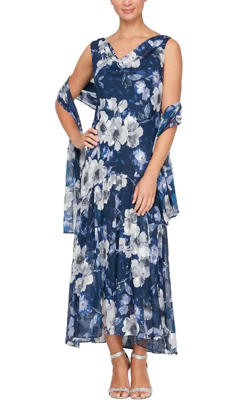 Trendy Women's Dresses Online Alex Evenings 8175903 - Floral Cowl Neck Formal Dress