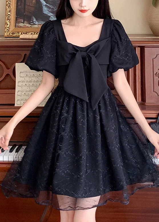 Trendy Women's Outfits for Casual Wear Unique Black Square Collar Patchwork Bow Tulle Mid Dresses Summer