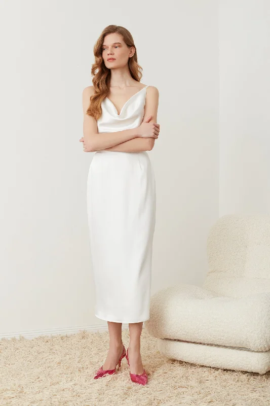 Online Boutique Clothing KAMEA white satin midi wedding dress