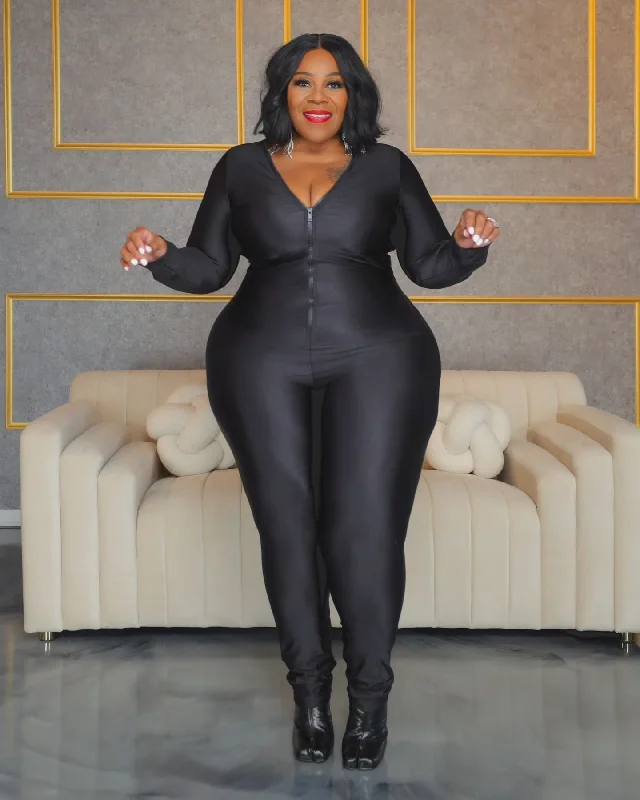 Fashion Forward Black Keyona Zipper Disco Catsuit